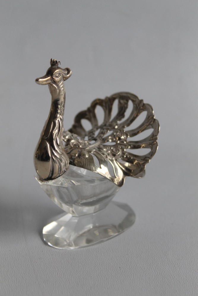 TWO CONTINENTAL WHITE METAL & GLASS SALTS, in the form of peacocks, along with a small plated cockt - Image 2 of 4