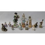 A COLLECTION OF MAINLY CONTINENTAL STYLE FIGURES, together with three continental bird ornaments