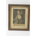 A FRAMED AND GLAZED 18TH CENTURY ENGRAVING DEPICTING A LADY PLAYING THE CELLO, frame size approx 38