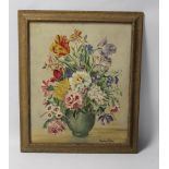 A FRAMED OIL ON BOARD STILL LIFE DEPICTING FLOWERS, signed Winifred Potter. Frame size 55cm x 65cm