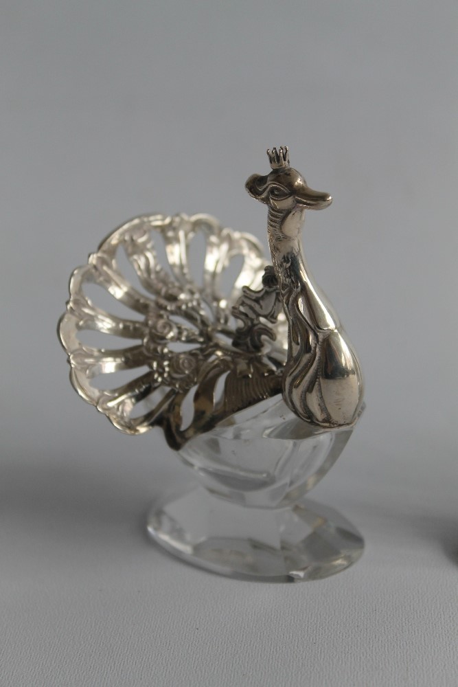 TWO CONTINENTAL WHITE METAL & GLASS SALTS, in the form of peacocks, along with a small plated cockt - Image 4 of 4