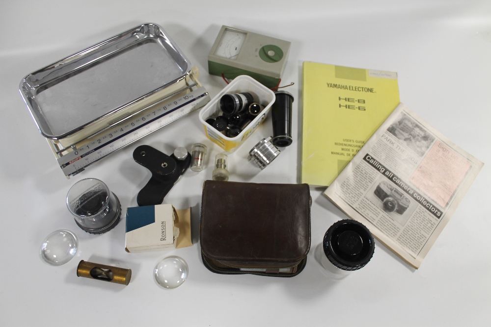 A BOX OF COLLECTABLES to include 'Krups' scale, camera lens etc.
