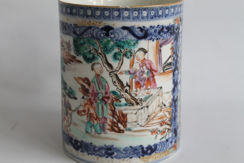 TWO CHINESE EXPORT WARE PORCELAIN TANKARDS, with Polychrome panels on a blue ground. (The larger H. - Image 2 of 9