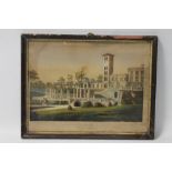 A FRAMED AND GLAZED COLOURED ENGRAVING DEPICTING OSBOURNE HOUSE IN THE ISLE OF WHITE, frame size ap