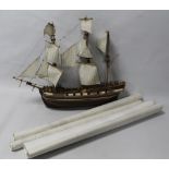 A HAND BUILT MODEL OF THE CUTTY SARK, with construction plans, 70cm length.