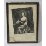 A FRAMED AND GLAZED EARLY 18TH CENTURY ENGRAVING OF A PORTRAIT OF THE COUNTESS OF DORCHESTER, frame