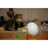 A QUANTITY OF CONVERTED OIL LAMPS, SHADES, ETC