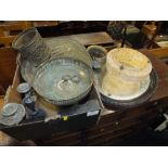 A BOX OF METALWARE TOGETHER WITH AN OAK FRAMED MIRROR AND GLASS LIGHT SHADE