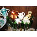 A COLLECTION OF VINTAGE CERAMICS TO INCLUDE A STAFFORDSHIRE STYLE DOG PLUS A QUANTITY OF SMALL GREEN