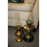 TWO VINTAGE BRASS OIL LAMPS WITH DUPLEX BURNERS