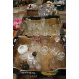 TWO TRAYS OF ASSORTED GLASSWARE TO INCLUDE CUT GLASS COMMEMORATIVE DECANTERS