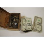 A BOX OF VINTAGE COINS AND BANK NOTES