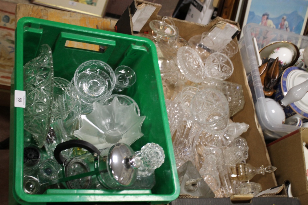 TWO BOXES OF MOSTLY CUT GLASS TO INCLUDE DECANTERS, VASES ETC.