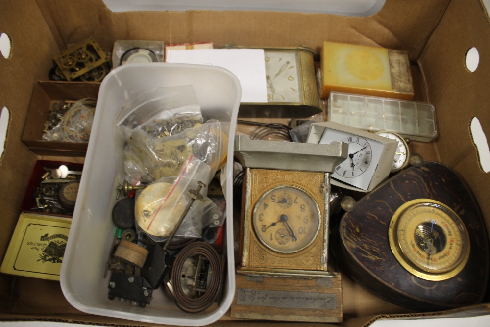 A BOX OF ANTIQUE CLOCKS AND CLOCK PARTS