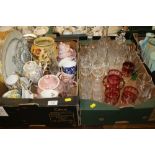 TWO TRAYS OF MIXED GLASSWARE AND CERAMICS, TO INCLUDE - CUT GLASS, COLOURED GLASS, DECANTERS,