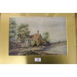 A FRAMED AND GLAZED WATERCOLOUR OF A COTTAGE BY A POND, SIGNED SMITH LOWER RIGHT