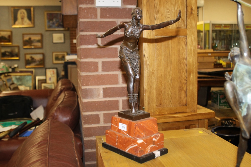 A LARGE BRONZED CHIPARUS TYPE ART DECO FEMALE FIGURE ON A MARBLE BASE