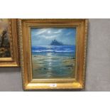 A FRAMED OIL OF A CASTLE ON A ROCK SIMILAR TO ST MICHAELS MOUNT, MONOGRAMMED RB LOWER RIGHT