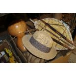 A TRAY OF TREEN ITEMS TO INCLUDE - AFRICAN STYLE SHIELD & SPEARS, HATS ETC