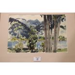 ELLIS SHAW - A FRAMED AND GLAZED IMPRESSIONIST WATERCOLOUR OF A MOUNTAINOUS LAKE SCENE