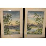 A WATERCOLOUR AND BODYCOLOUR PAIR OF RIVER SCENES WITH SHEEP GRAZING SIGNED LOWER LEFT A.BIRBECK