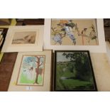 A JAPANESE WATERCOLOUR ON SILK, TOGETHER WITH 3 WATERCOLOURS AND A PICTURE OF A BULLDOG AND