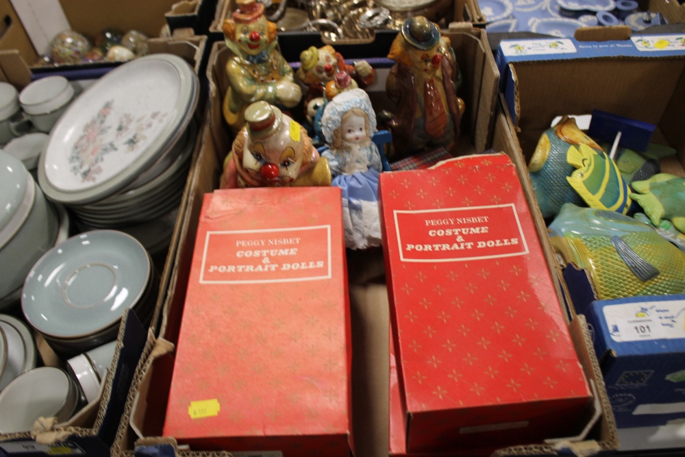 A SELECTION OF CERAMIC CLOWN MONEY BOXES, PLUS BOXED PEGGY NISBET COSTUME AND PORTRAIT DOLLS