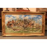 A LARGE GILT FRAMED OIL ON BOARD SEASCAPE DEPICTING A NAVAL SEA BATTLE, SIGNED LOWER RIGHT 'R