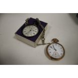 A GOLD PLATED OPEN FACED POCKET WATCH TOGETHER WITH A SILVER OPEN FACED EXAMPLE A/F