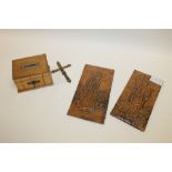 TWO SWEDISH SIGNED COPPER PLAQUES PLUS A TUNBRIDGE WARE BOX AND A CRUCIFIX