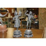 A PAIR OF CAST SPELTER TYPE FIGURES OF A LADY WITH A FAN AND GENTLEMAN BARD (2)