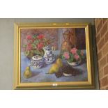 A FRAMED OIL STILL LIFE MONOGRAMMED LOWER RIGHT JP