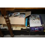 TWO TRAYS OF WORLD HISTORY BOOKS, PLUS A BOX OF MYTHOLOGY BOOKS ETC