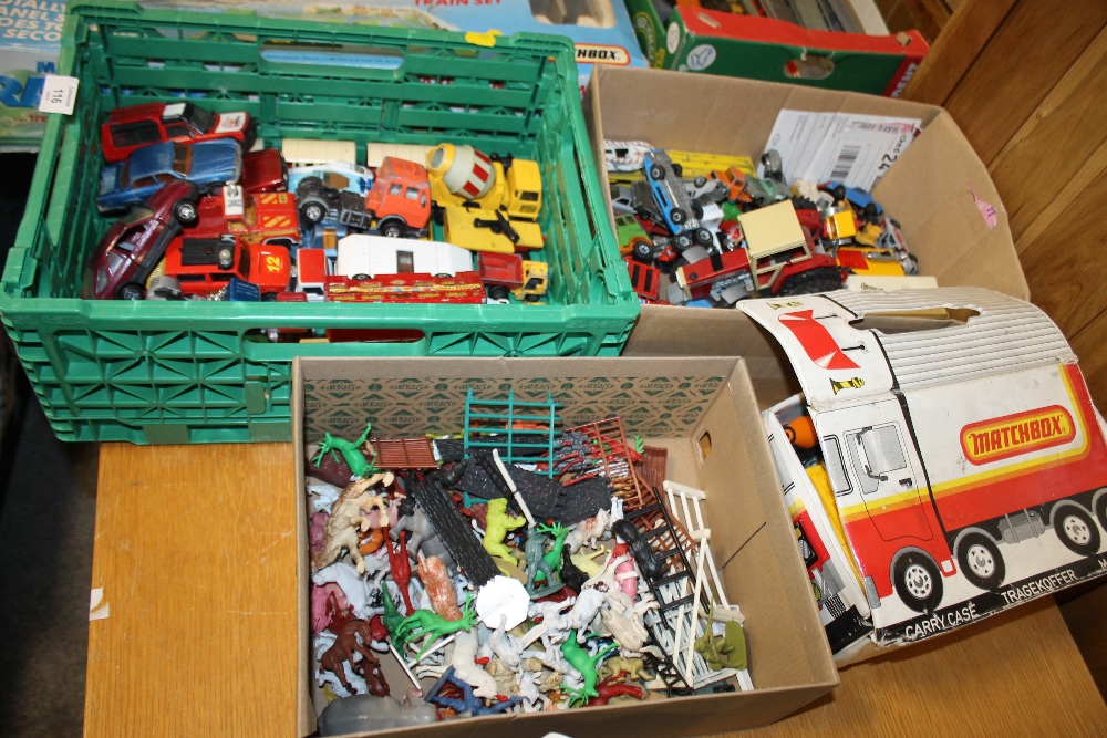 THREE TRAYS OF MOSTLY MATCHBOX TOY CARS PLUS A TRAY OF FARM ANIMALS ETC