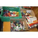 THREE TRAYS OF MOSTLY MATCHBOX TOY CARS PLUS A TRAY OF FARM ANIMALS ETC