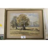 JOHN HENRY MOLE - A FRAMED AND GLAZED WATERCOLOUR OF FIGURES BENEATH A TREE RESTING AT HARVEST TIME,