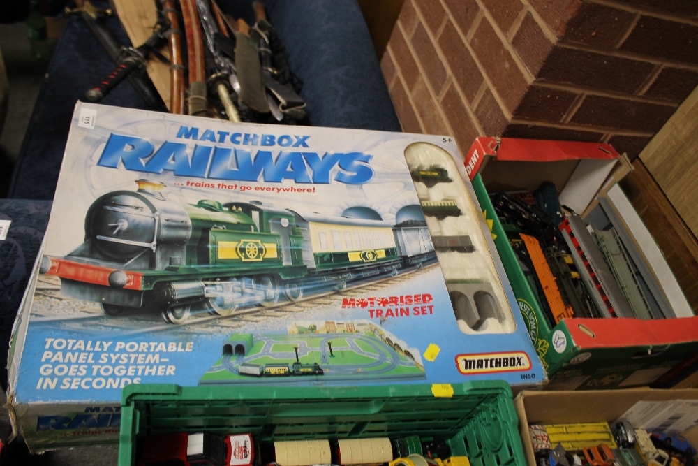 A BOXED MATCHBOX RAILWAYS MOTORISED TRAIN SET, PLUS A TRAY OF MODEL RAILWAY ITEMS TO INCLUDE TRI-ANG