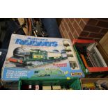 A BOXED MATCHBOX RAILWAYS MOTORISED TRAIN SET, PLUS A TRAY OF MODEL RAILWAY ITEMS TO INCLUDE TRI-ANG