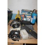 A QUANTITY OF ASSORTED TOOLS TO INCLUDE A PAINT SPRAYER, ROUTER, ETC