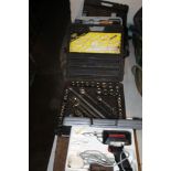 A QUANTITY OF CASED TOOLS AND ACCESSORIES TO INCLUDE A DRILL, SOCKET SET, ETC