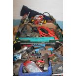 THREE TRAYS OF ASSORTED TOOLS TO INCLUDE A HEAVY DUTY CLAMP, JUMP LEADS, ETC