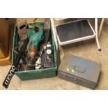 A QUANTITY OF ASSORTED TOOLS TO INCLUDE AN AIR COMPRESSOR, DRILL, ETC