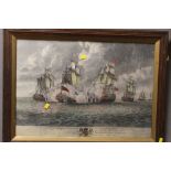 A FRAMED AND GLAZED PRINT DEPICTING SHIPS AT SEA