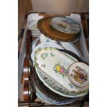 A TRAY OF ASSORTED PLATES, A BAROMETER, ETC