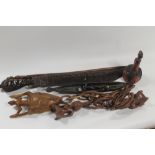 A QUANTITY OF TRIBAL INTEREST ITEMS, TO INCLUDE AN EAST AFICAN KAMBA WALKING STICK, A LARGE CARVED