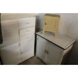 A WHITE PAINTED TALLBOY TOGETHER WITH AN ENAMELLED TOPPED WHITE UNIT AND A MODERN POT CUPBOARD (3)