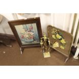 TWO FRAMED FIRESCREENS TOGETHER WITH A BRASS COMPANION SET