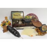 A QUANTITY OF COLLECTABLES TO INCLUDE A VINTAGE WOODEN PULL-A-LONG TOY, LIGHTER, RAZOR, ETC