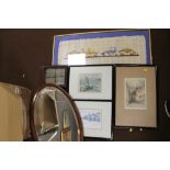 A QUANTITY OF PICTURES AND PRINTS TOGETHER WITH AN OAK FRAMED OVAL MIRROR