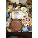 TWO TRAYS OF ASSORTED SUNDRIES TO INCLUDE A CHAD VALLEY SPINNING TOP, COMMEMORATIVE JUG, A LARGE